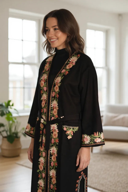 Women Woolen Nightgown Dressing Gown Maxi with Kashmiri Charming Embroidery Free Size (Wool Blend, Black-2