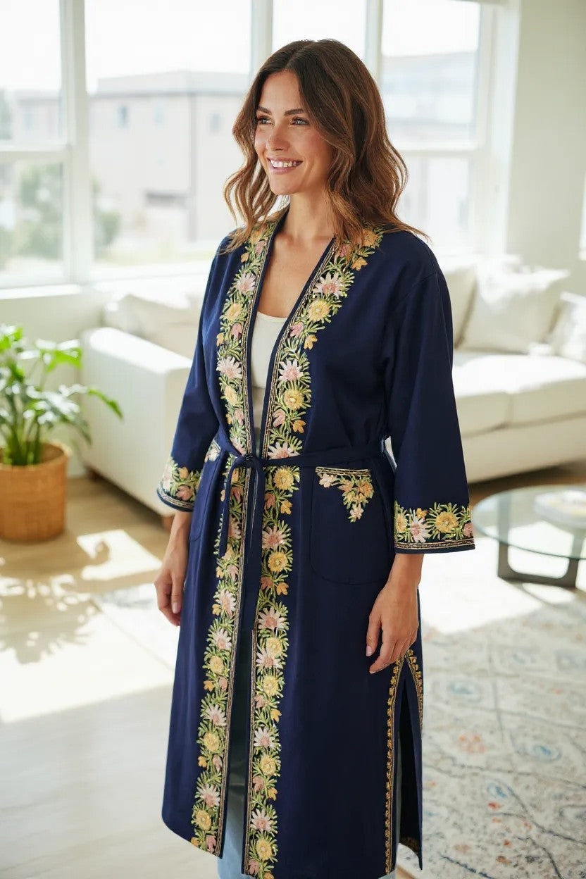 Women Woolen Nightgown Dressing Gown Maxi with Kashmiri Charming Embroidery Free Size (Wool Blend, Blue-2)