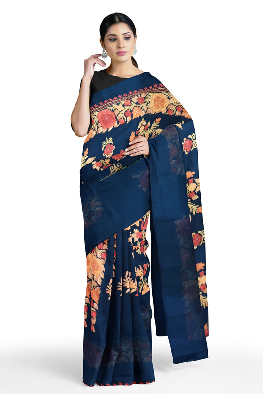 Women's georgette Sarees Embroidered with Kashmiri Aari work | Stylish Saree with Unstitched Blouse Pieces. (Geogrette_Blue-4)