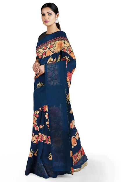 Women's georgette Sarees Embroidered with Kashmiri Aari work | Stylish Saree with Unstitched Blouse Pieces. (Geogrette_Blue-4)