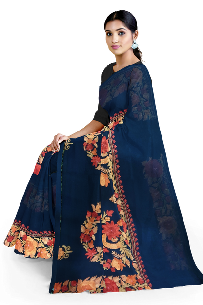 Women's georgette Sarees Embroidered with Kashmiri Aari work | Stylish Saree with Unstitched Blouse Pieces. (Geogrette_Blue-4)
