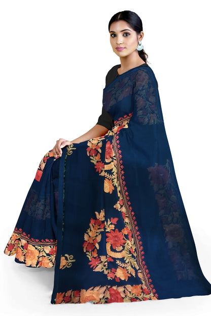Women's georgette Sarees Embroidered with Kashmiri Aari work | Stylish Saree with Unstitched Blouse Pieces. (Geogrette_Blue-4)