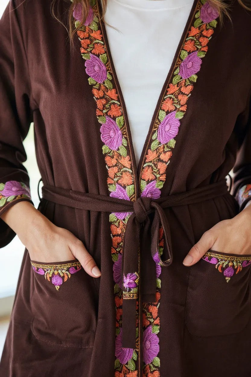 Women Woolen Nightgown Dressing Gown Maxi with Kashmiri Embroidery Free Size (Pure Wool, Brown)