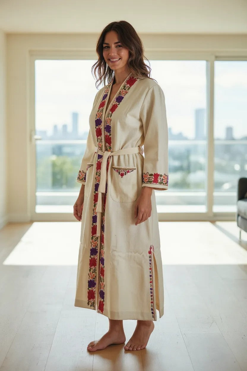 Women Woolen Nightgown Dressing Gown Maxi with Kashmiri Charming Embroidery Free Size (Pure Wool, OffWhite-1)