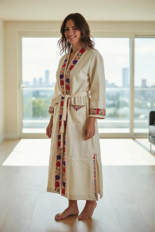 Women Woolen Nightgown Dressing Gown Maxi with Kashmiri Charming Embroidery Free Size (Pure Wool, OffWhite-1)