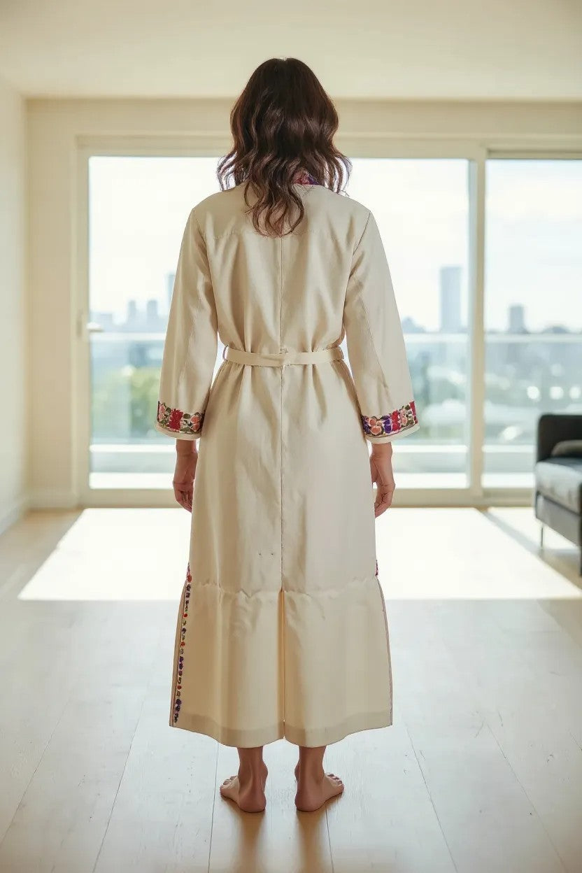 Women Woolen Nightgown Dressing Gown Maxi with Kashmiri Charming Embroidery Free Size (Pure Wool, OffWhite-1)