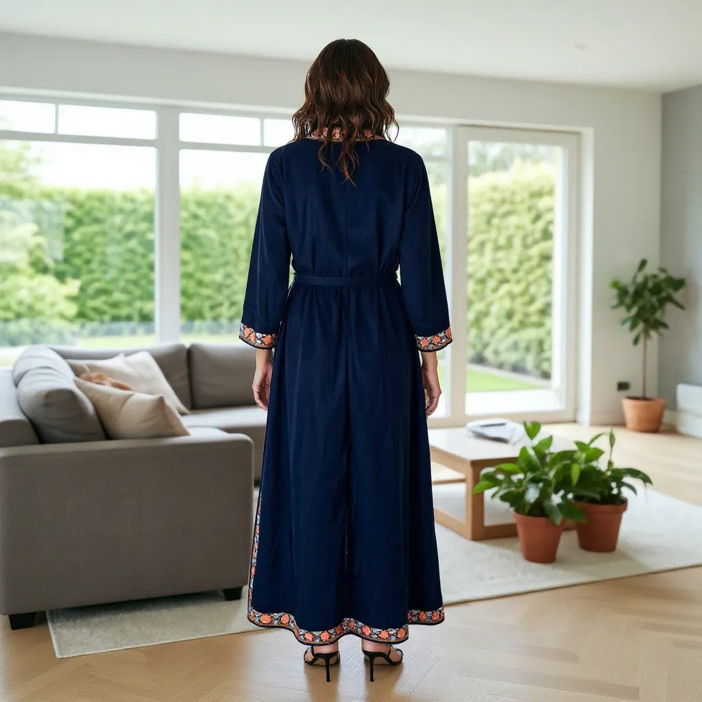 Women Woolen Nightgown Dressing Gown Maxi with Kashmiri Charming Embroidery Free Size (Pure Wool, Blue-4)