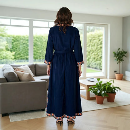 Women Woolen Nightgown Dressing Gown Maxi with Kashmiri Charming Embroidery Free Size (Pure Wool, Blue-4)