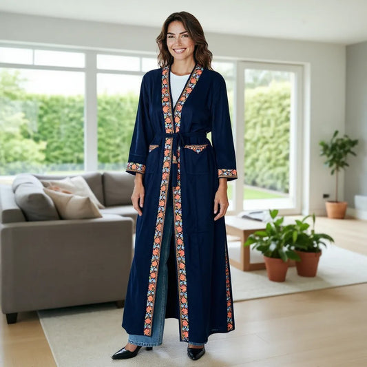 Women Woolen Nightgown Dressing Gown Maxi with Kashmiri Charming Embroidery Free Size (Pure Wool, Blue-4)
