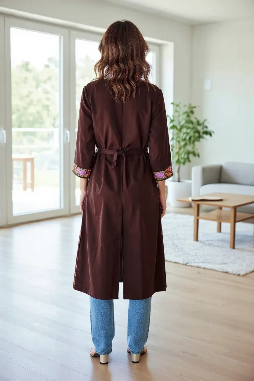 Women Woolen Nightgown Dressing Gown Maxi with Kashmiri Embroidery Free Size (Pure Wool, Brown)