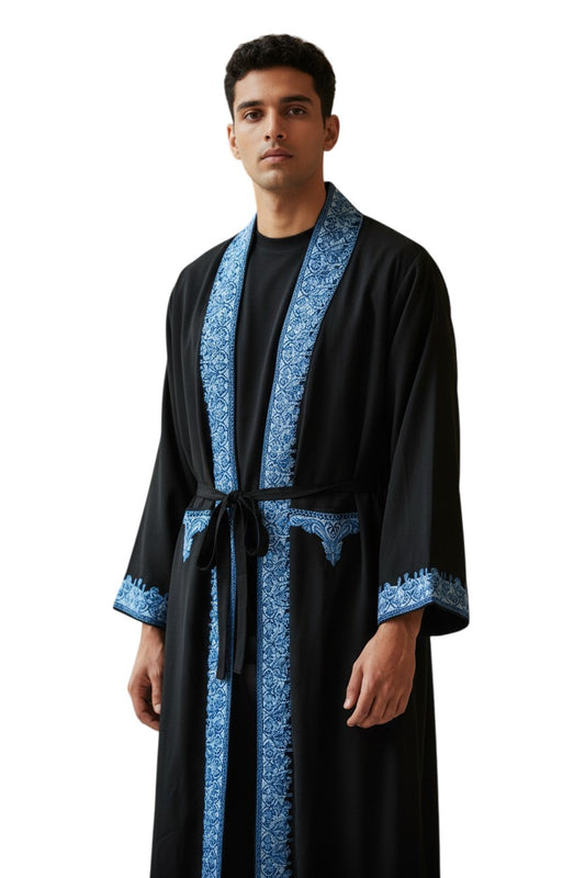 Men Woolen Nightgown Dressing Gown Sleep And Lounge Wear With Kashmiri Embroidery Free Size - Black4