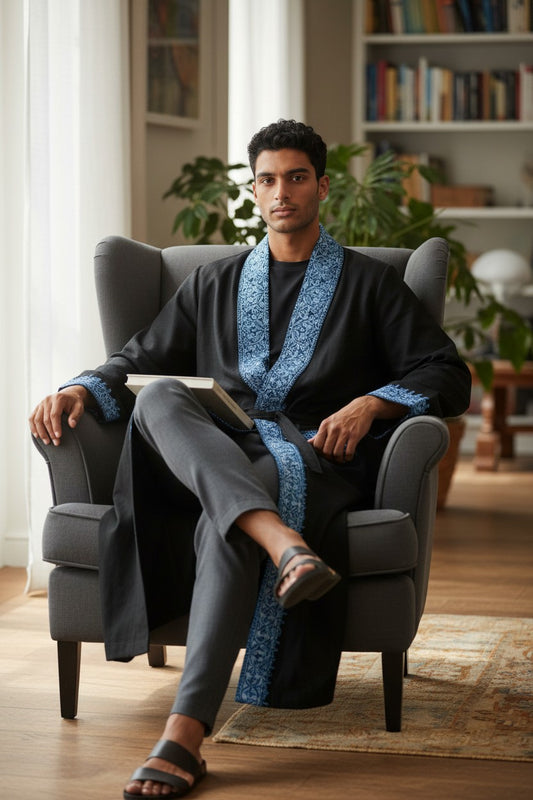 Men Woolen Nightgown Dressing Gown Sleep And Lounge Wear With Kashmiri Embroidery Free Size - Black4