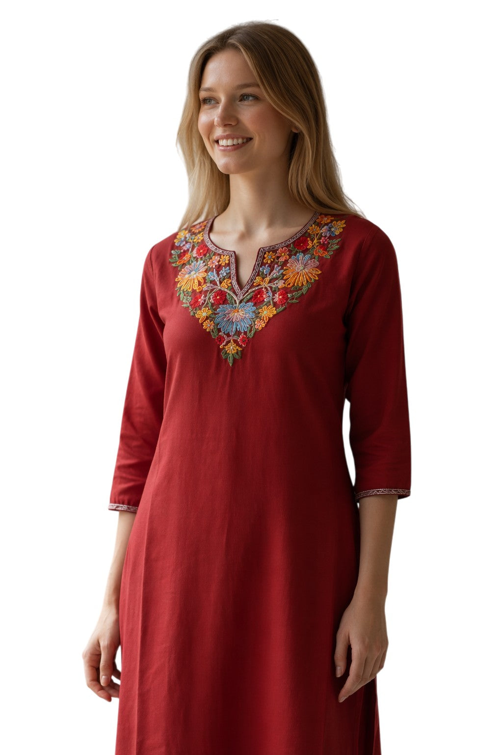 Women Cotton Suits with Hand Kashmiri Embroidery Unstitched - Tomato Red