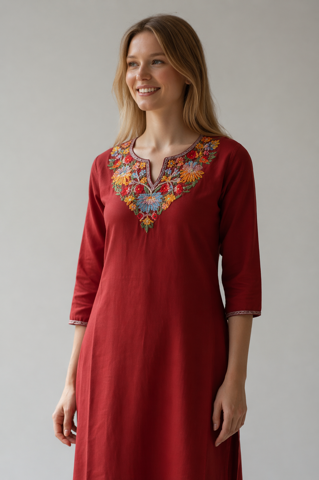 Women Cotton Suits with Hand Kashmiri Embroidery Unstitched - Tomato Red
