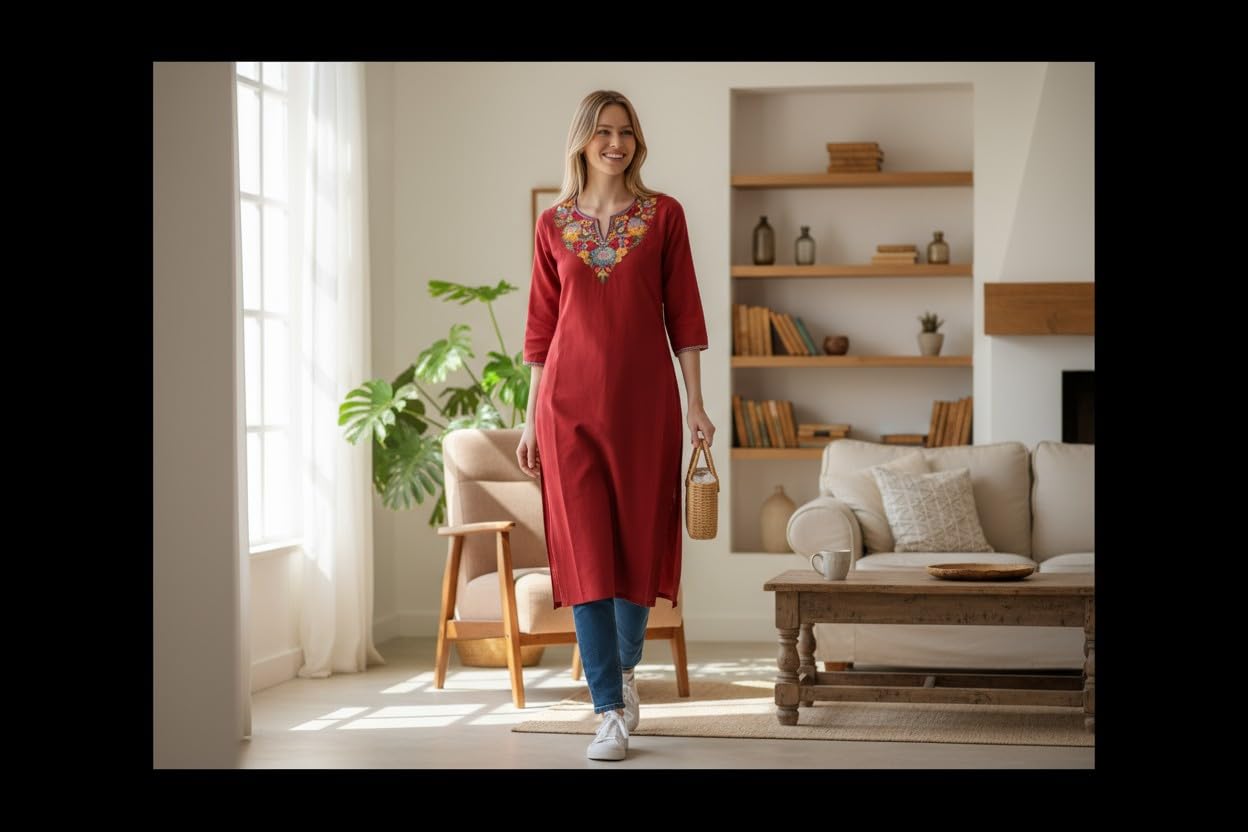Women Cotton Suits with Hand Kashmiri Embroidery Unstitched - Tomato Red