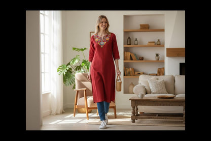 Women Cotton Suits with Hand Kashmiri Embroidery Unstitched - Tomato Red