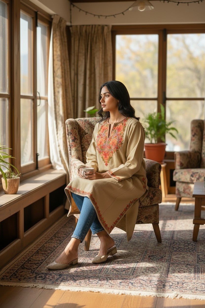 Kashmir Gallery beige woolen pheran with traditional Aari embroidery on neckline and hem, worn by a woman sitting in a chair.