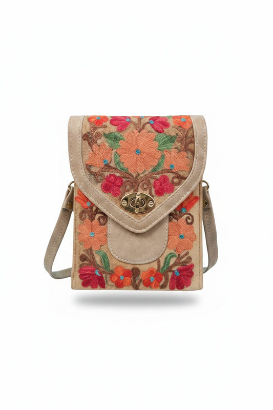 Women mobile Bags With Kashmiri Embroidery - Beige