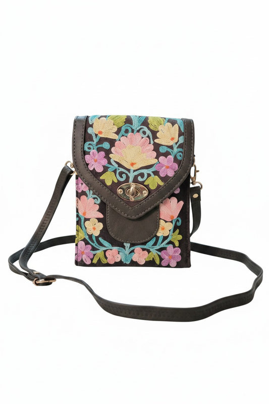 Women mobile Bags With Kashmiri Embroidery - Dark Grey