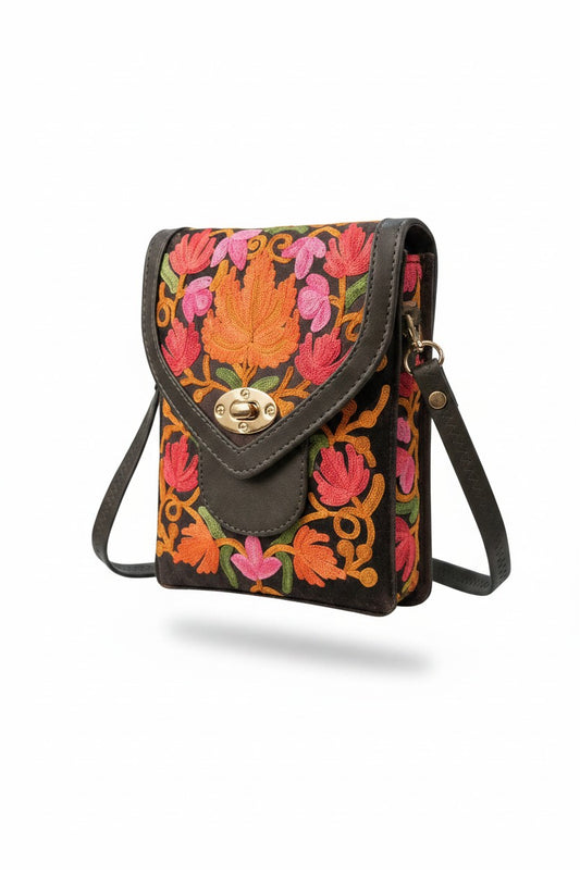 Women mobile Bags With Kashmiri Embroidery - Dark Grey