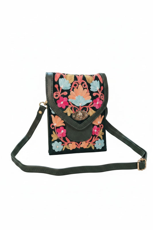 Women mobile Bags With Kashmiri Embroidery - Green