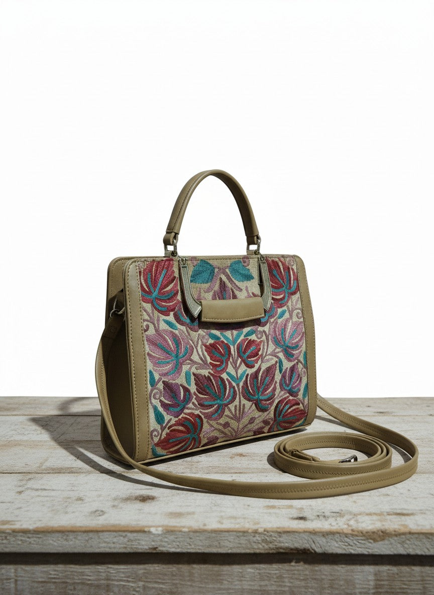 Women Hand Bag | Sling | With Kashmiri Embroidery - Beige