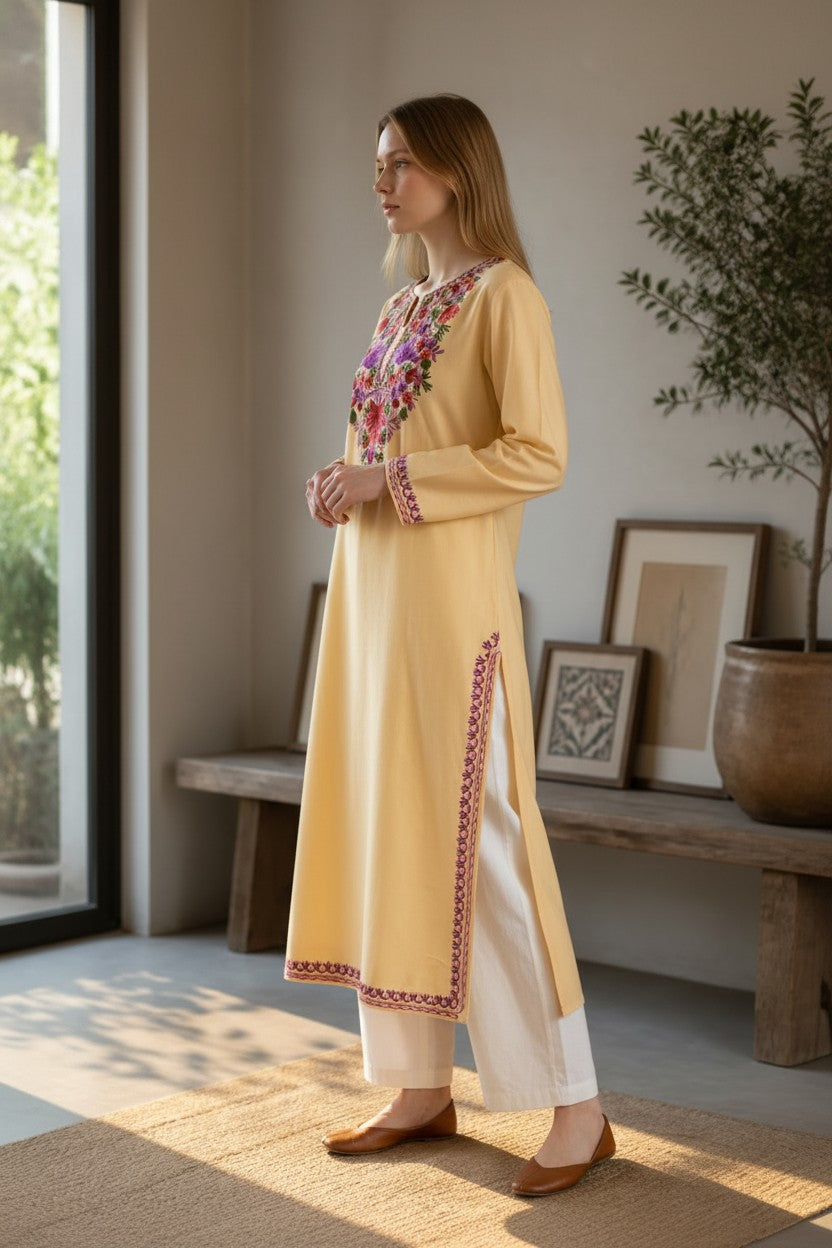Kashmiri Kurti for Women Cotton Kurti with Embroidery - Large | Beige