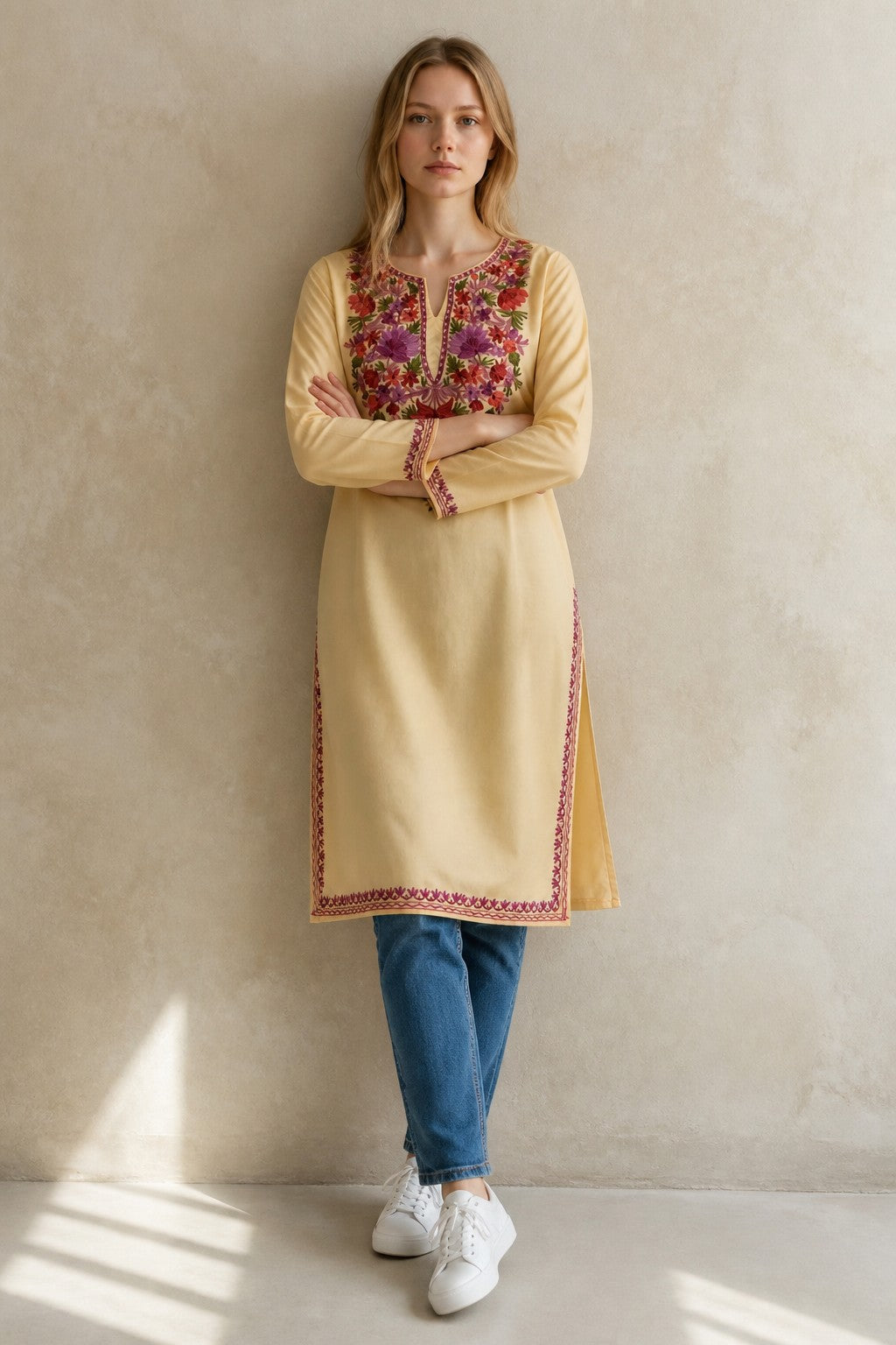 Kashmiri Kurti for Women Cotton Kurti with Embroidery - Large | Beige