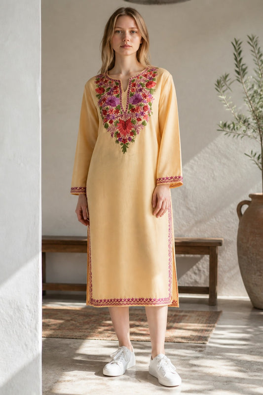 Kashmiri Kurti for Women Cotton Kurti with Embroidery - Large | Beige