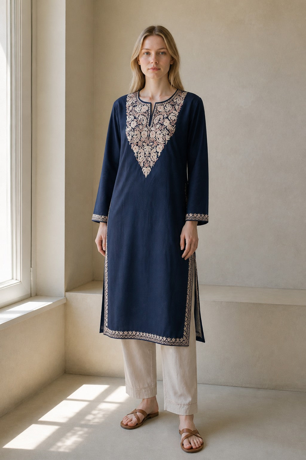 Kashmiri Kurti for Women Cotton Kurti with Embroidery - XL | Blue