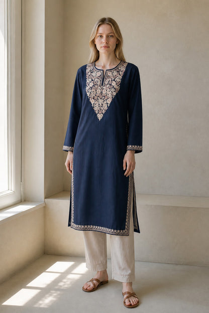 Kashmiri Kurti for Women Cotton Kurti with Embroidery - XL | Blue