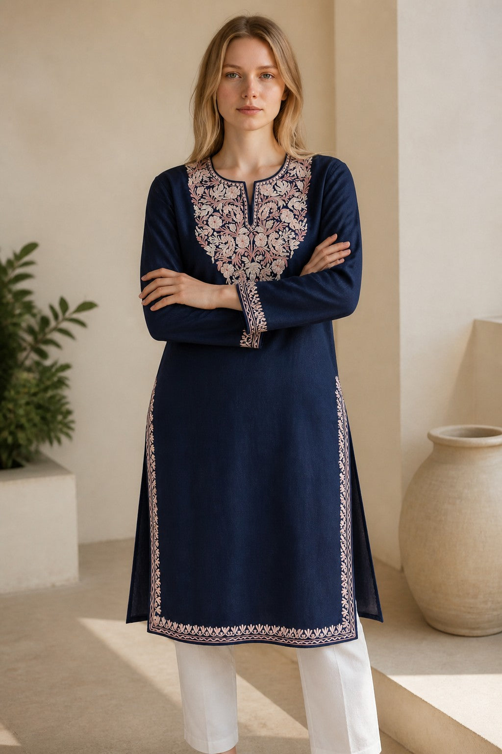 Kashmiri Kurti for Women Cotton Kurti with Embroidery - XL | Blue