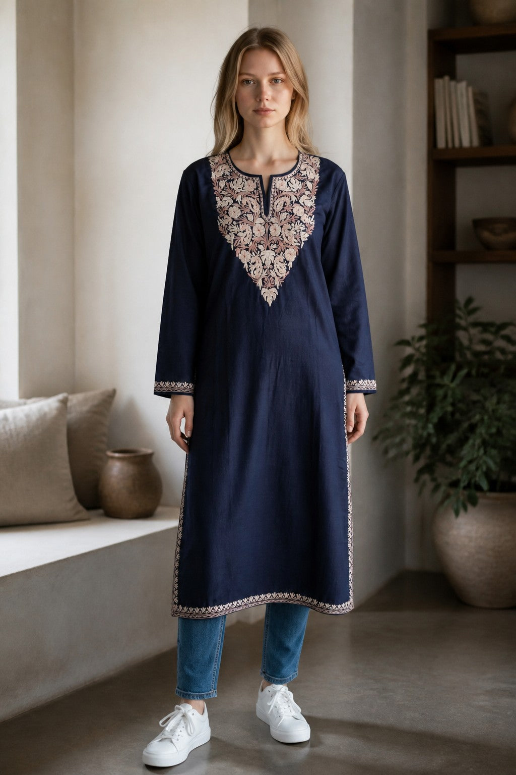 Kashmiri Kurti for Women Cotton Kurti with Embroidery - XL | Blue