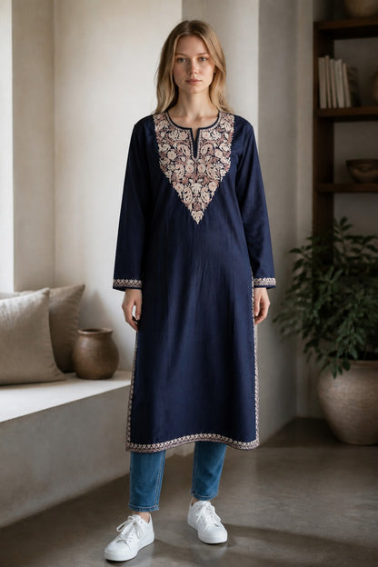 Kashmiri Kurti for Women Cotton Kurti with Embroidery - XL | Blue