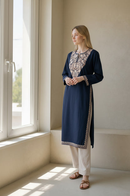 Kashmiri Kurti for Women Cotton Kurti with Embroidery - XL | Blue