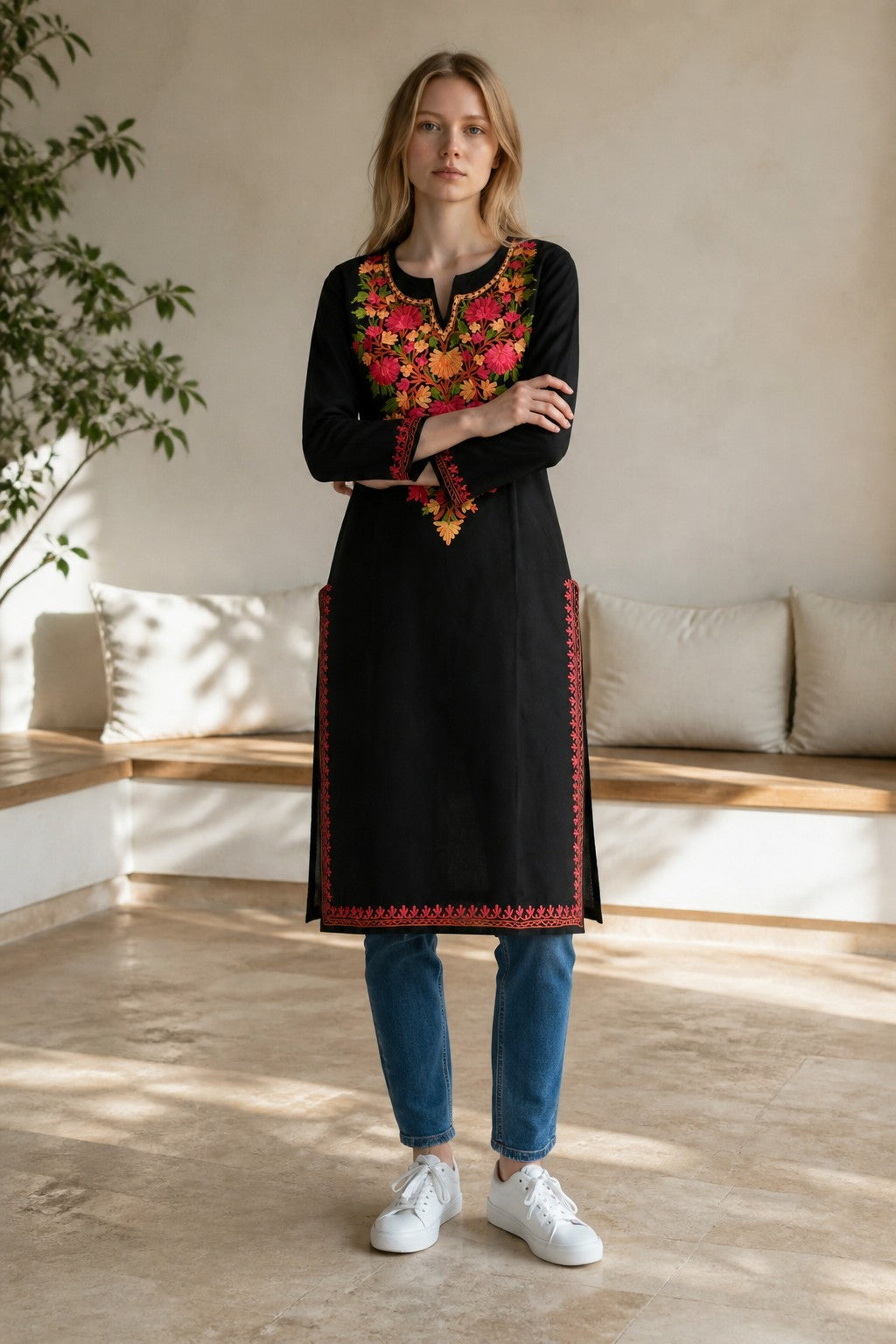 Kashmiri Kurti for Women Cotton Kurti with Embroidery - Small | Black1