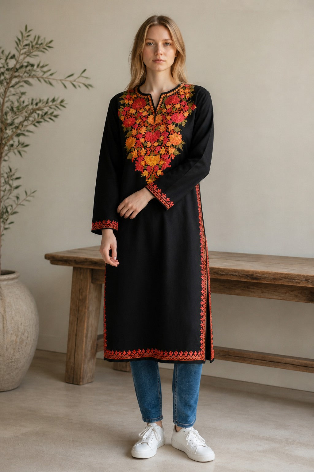 Kashmiri Kurti for Women Cotton Kurti with Embroidery - Small | Black1