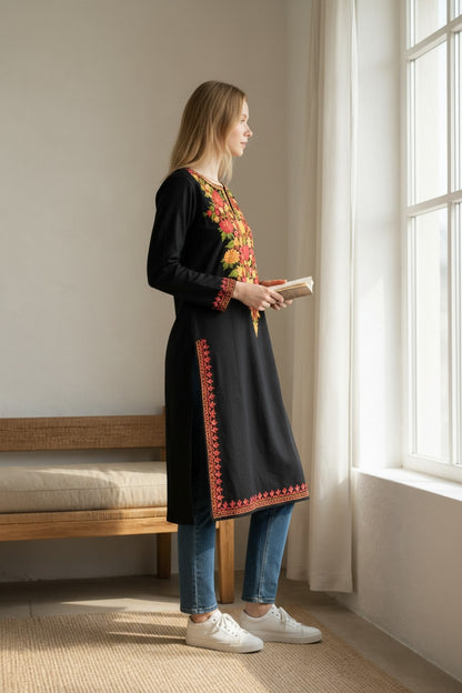 Kashmiri Kurti for Women Cotton Kurti with Embroidery - Small | Black1