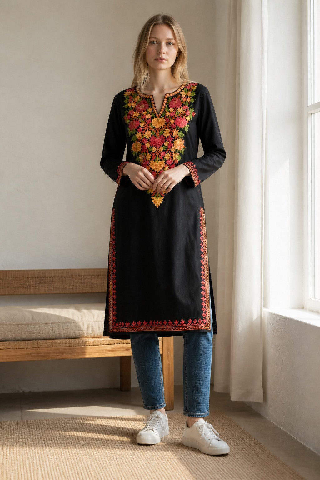 Kashmiri Kurti for Women Cotton Kurti with Embroidery - Small | Black1