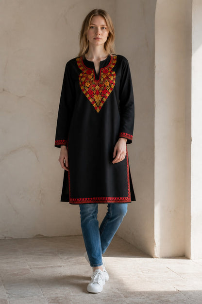 Kashmiri Kurti for Women Cotton Kurti with Embroidery - XL | Black2