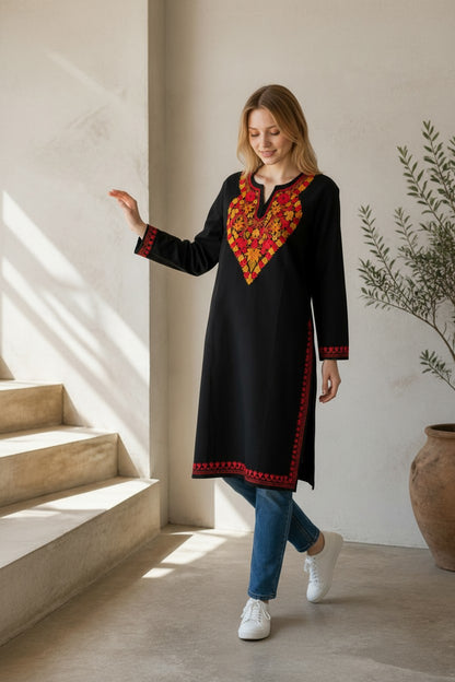 Kashmiri Kurti for Women Cotton Kurti with Embroidery - XL | Black2