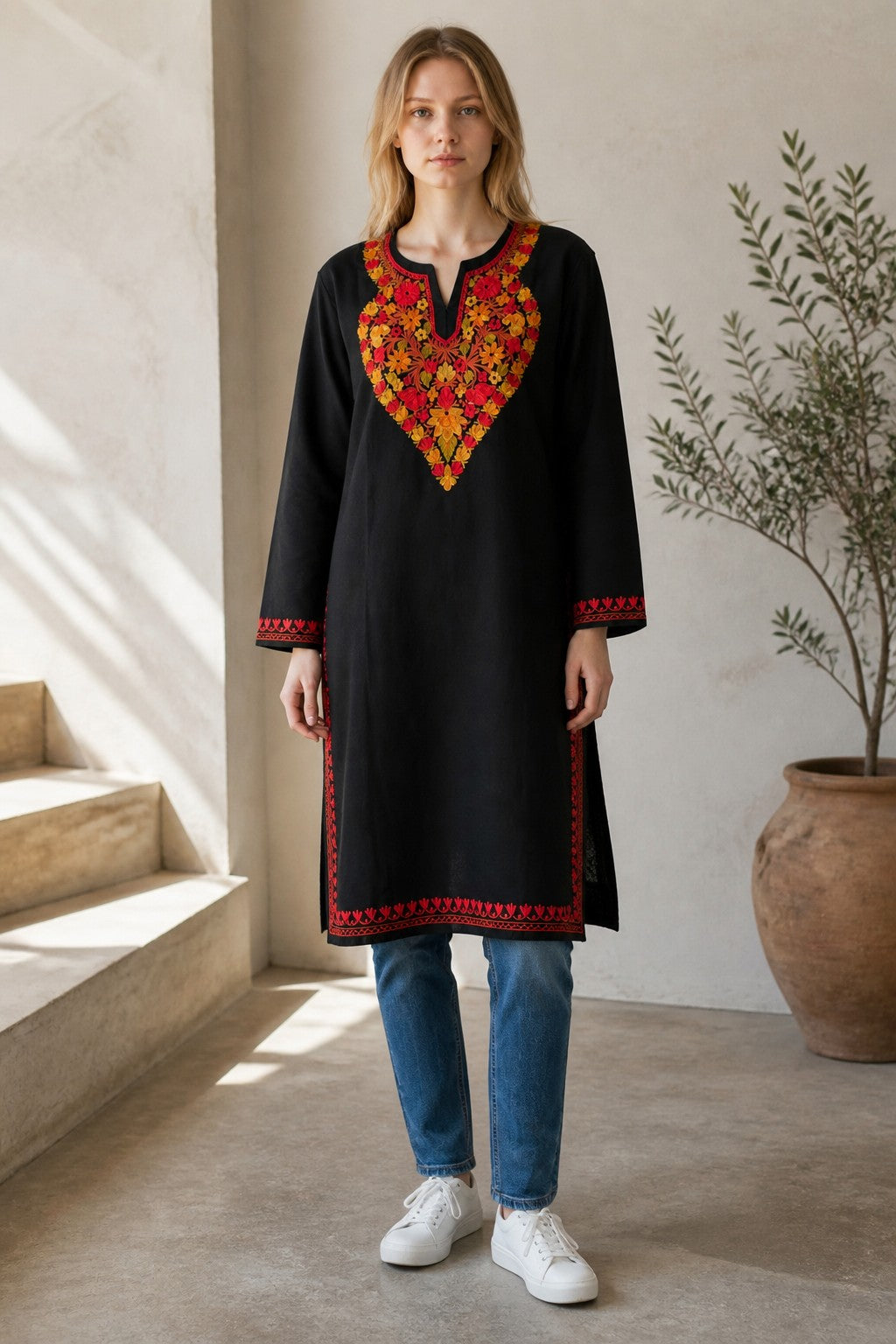 Kashmiri Kurti for Women Cotton Kurti with Embroidery - XL | Black2