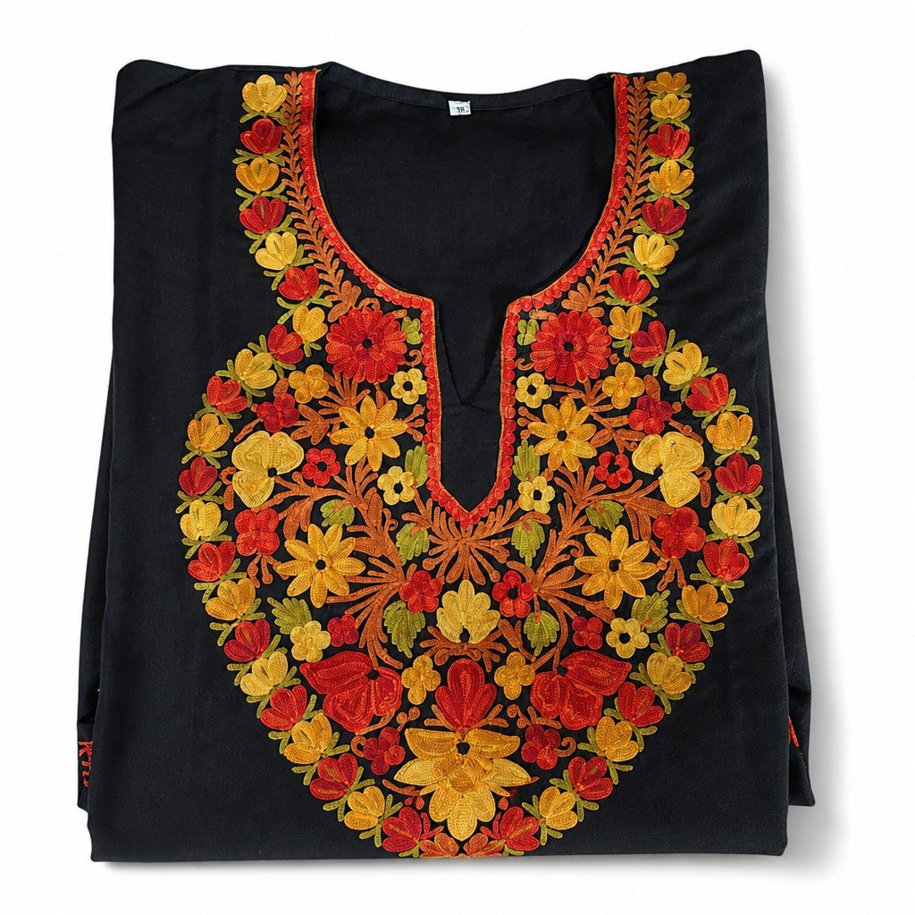Kashmiri Kurti for Women Cotton Kurti with Embroidery - XL | Black2