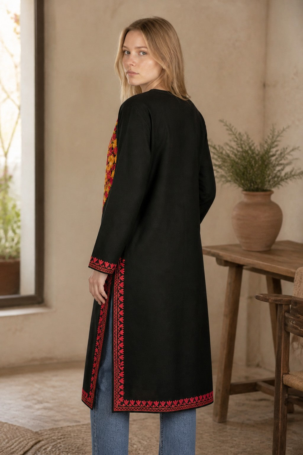 Kashmiri Kurti for Women Cotton Kurti with Embroidery - XL | Black2