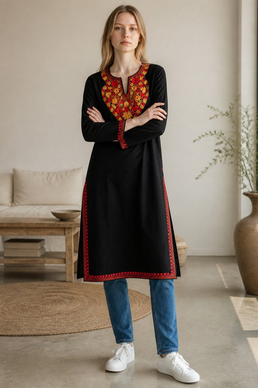 Kashmiri Kurti for Women Cotton Kurti with Embroidery - XL | Black2