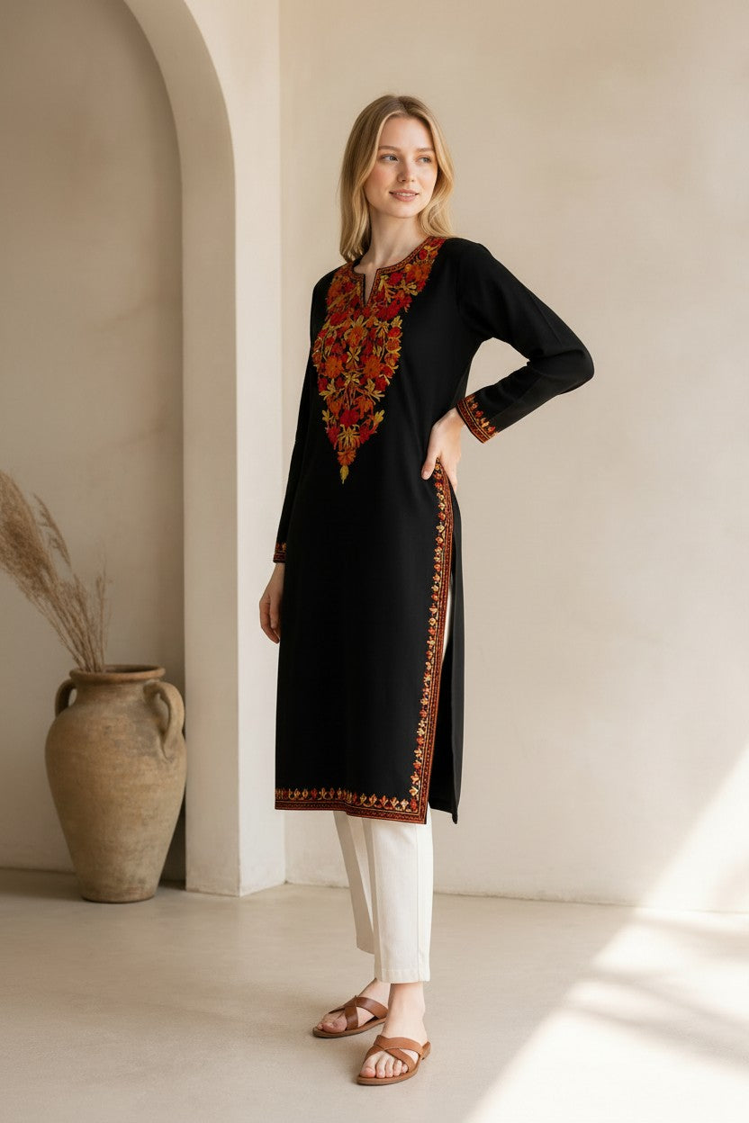 Kashmiri Kurti for Women Cotton Kurti with Embroidery - Small | Black3