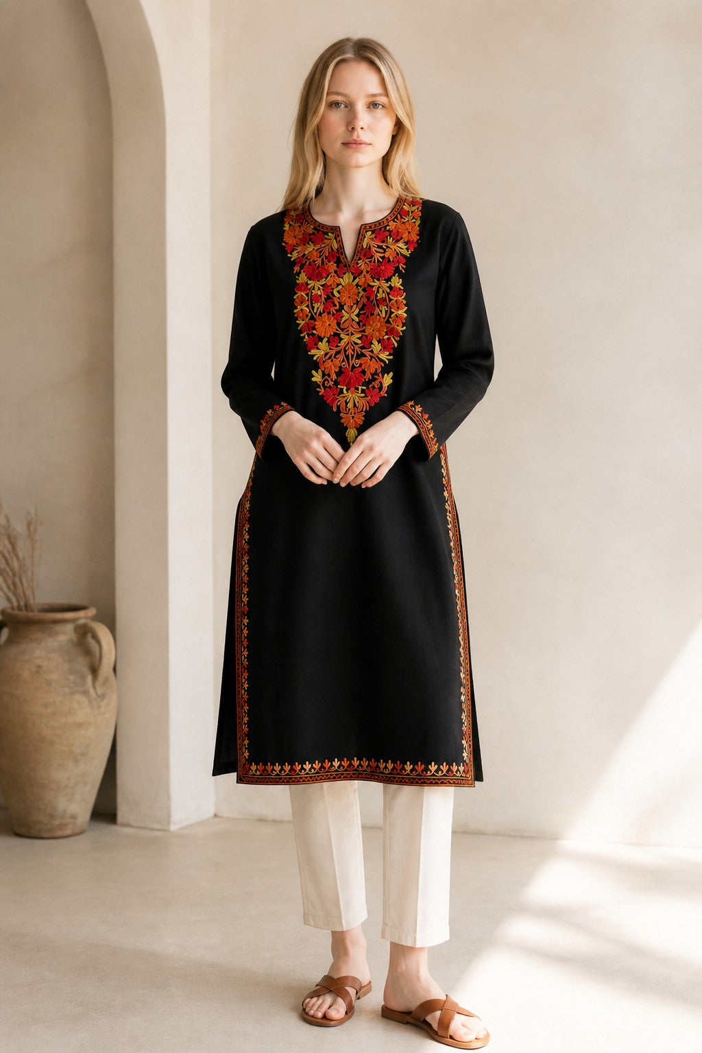 Kashmiri Kurti for Women Cotton Kurti with Embroidery - Small | Black3