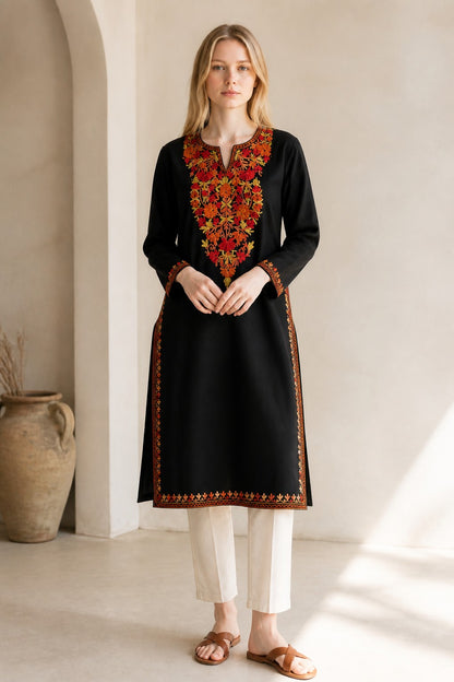 Kashmiri Kurti for Women Cotton Kurti with Embroidery - Small | Black3