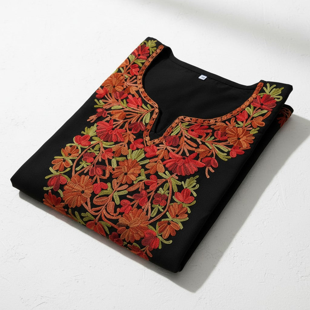Kashmiri Kurti for Women Cotton Kurti with Embroidery - Small | Black3