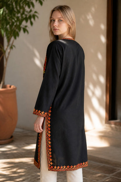 Kashmiri Kurti for Women Cotton Kurti with Embroidery - Small | Black3